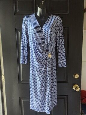 Anne Klein Navy and White Geometric Wrap Dress with Gold Buckle